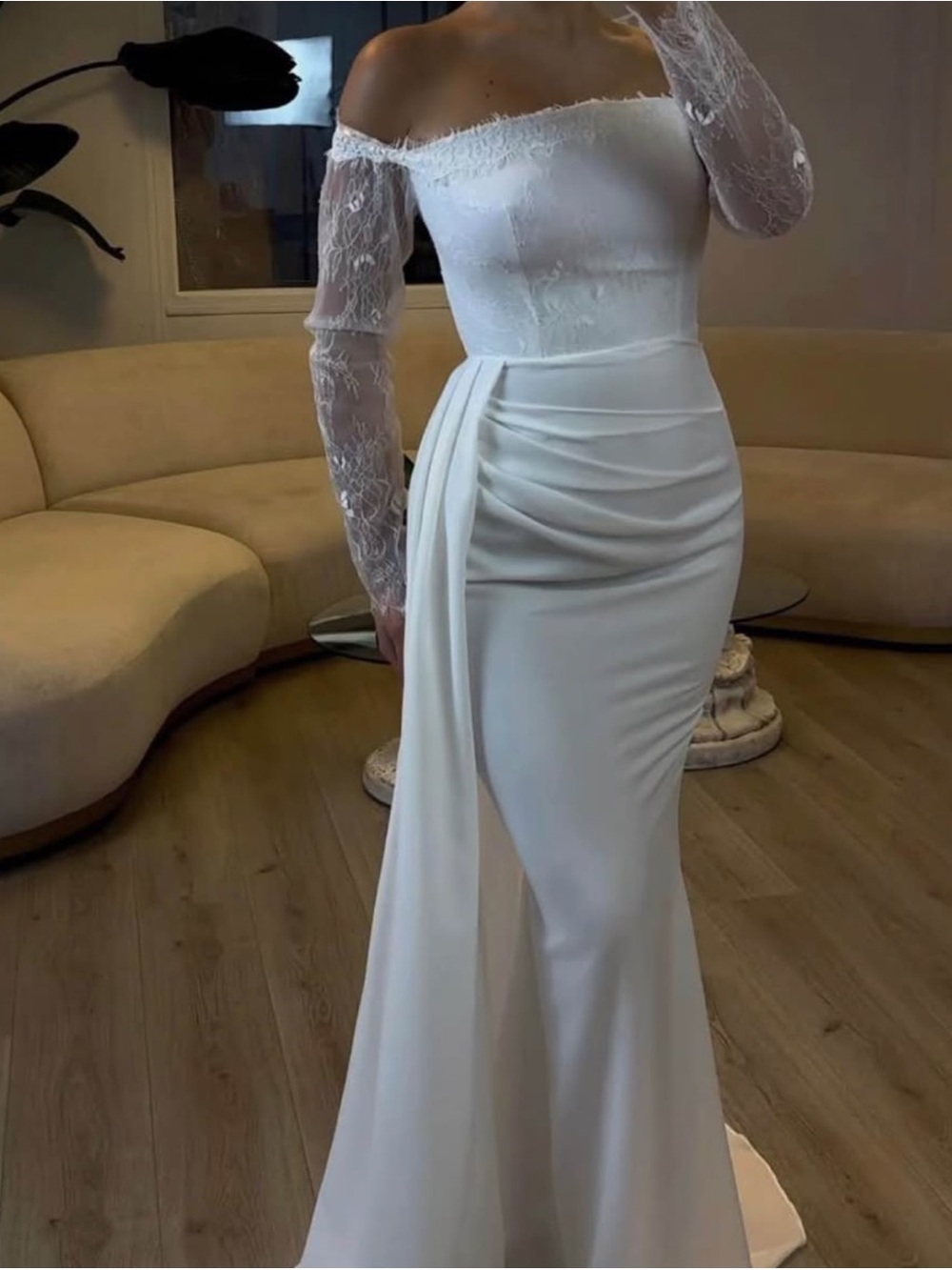 Off-Shoulder White Lace Sleeve Evening Gown